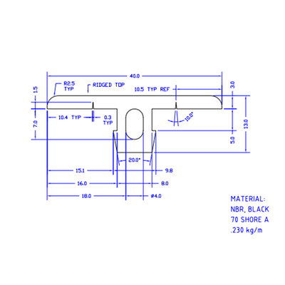 61-070-0 MODULAR SOLUTIONS PVC COVER PROFILE<br>FLAT RUBBER W/RIDGES, CUT TO ANY LENGTH PRICE / METER SHOWN